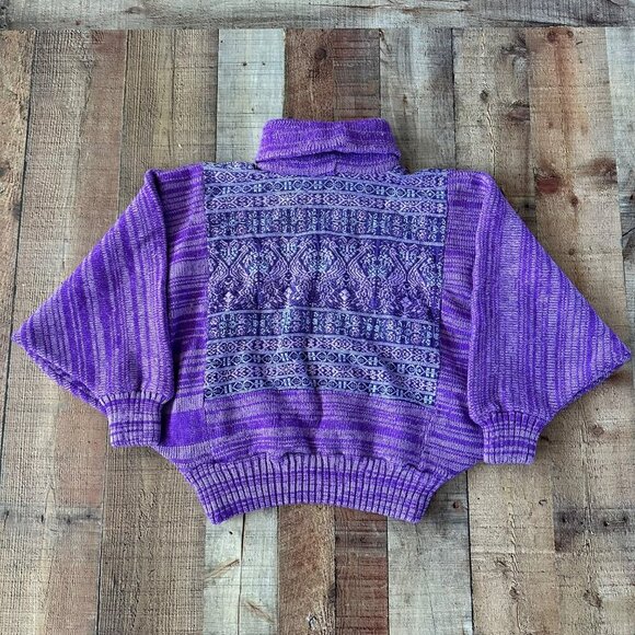 Vintage Handmade Purple Knit Poncho Sweater With Turtleneck & Batwing Sleeves - Picture 12 of 12